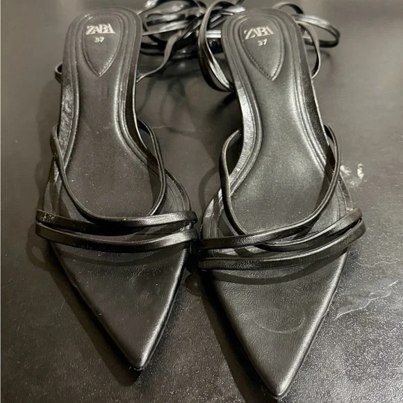 Zara Black Strappy Sandals kitten heel size 37/7 - Picture 7 of 9